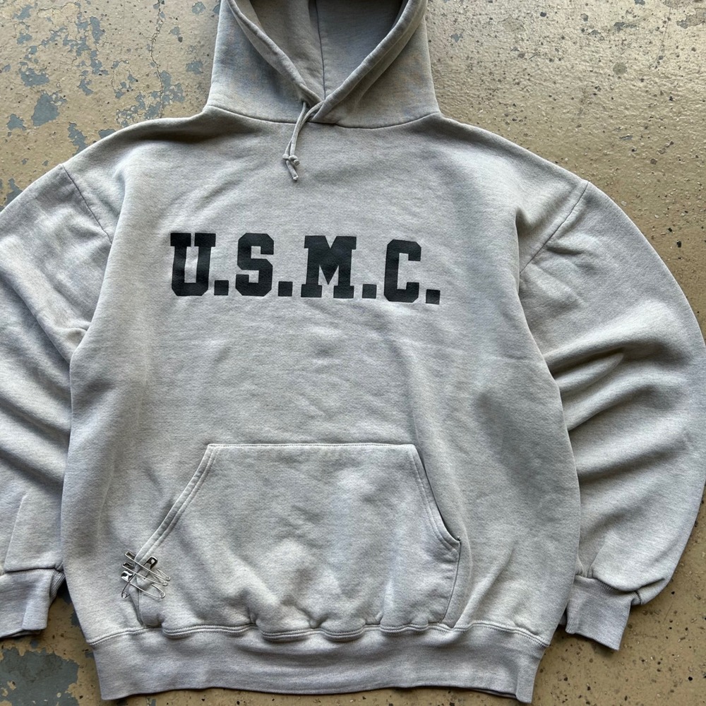 Vintage 90s Jerzees USMC Hoodie Mens Large Grey Super Sweats Made in USA USMC